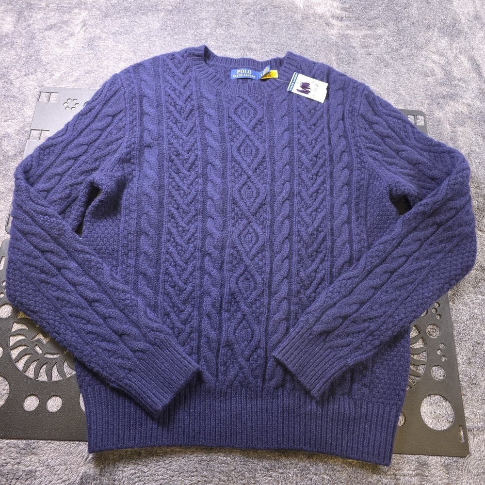 Polo Ralph Lauren Aran Knit Wool Alpaca Sweater Mens L Blue Coastal Fisherman